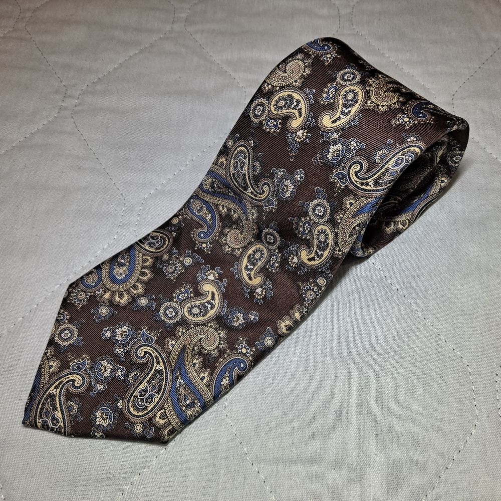 Damon 💯 Silk Designer Necktie 56"x3.25" Paisley Brown/Tan/Blue Made in USA